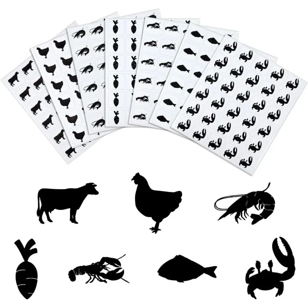 

840pcs 7 Styles Black Meal Stickers 1 Inch Food Choice Sticker Fish/Crab/Beef/Chicken/Carrots/Lobster/Crayfish Wedding Meal