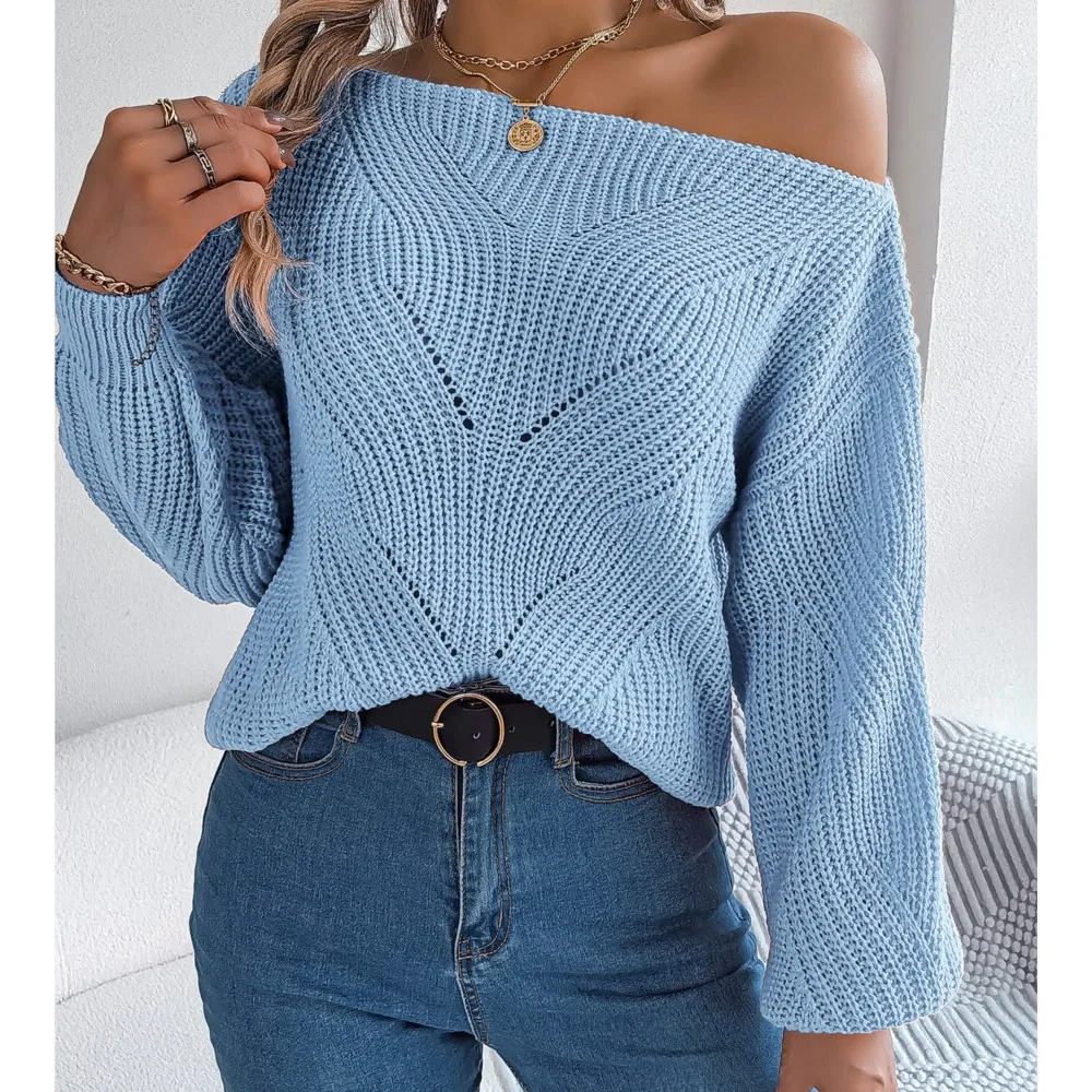 Elegant Office Lady Solid Pullover Knitted Sweater 2024 Autumn Winter Casual Hollow Out Off Shoulder Lantern Sleeve Sweater