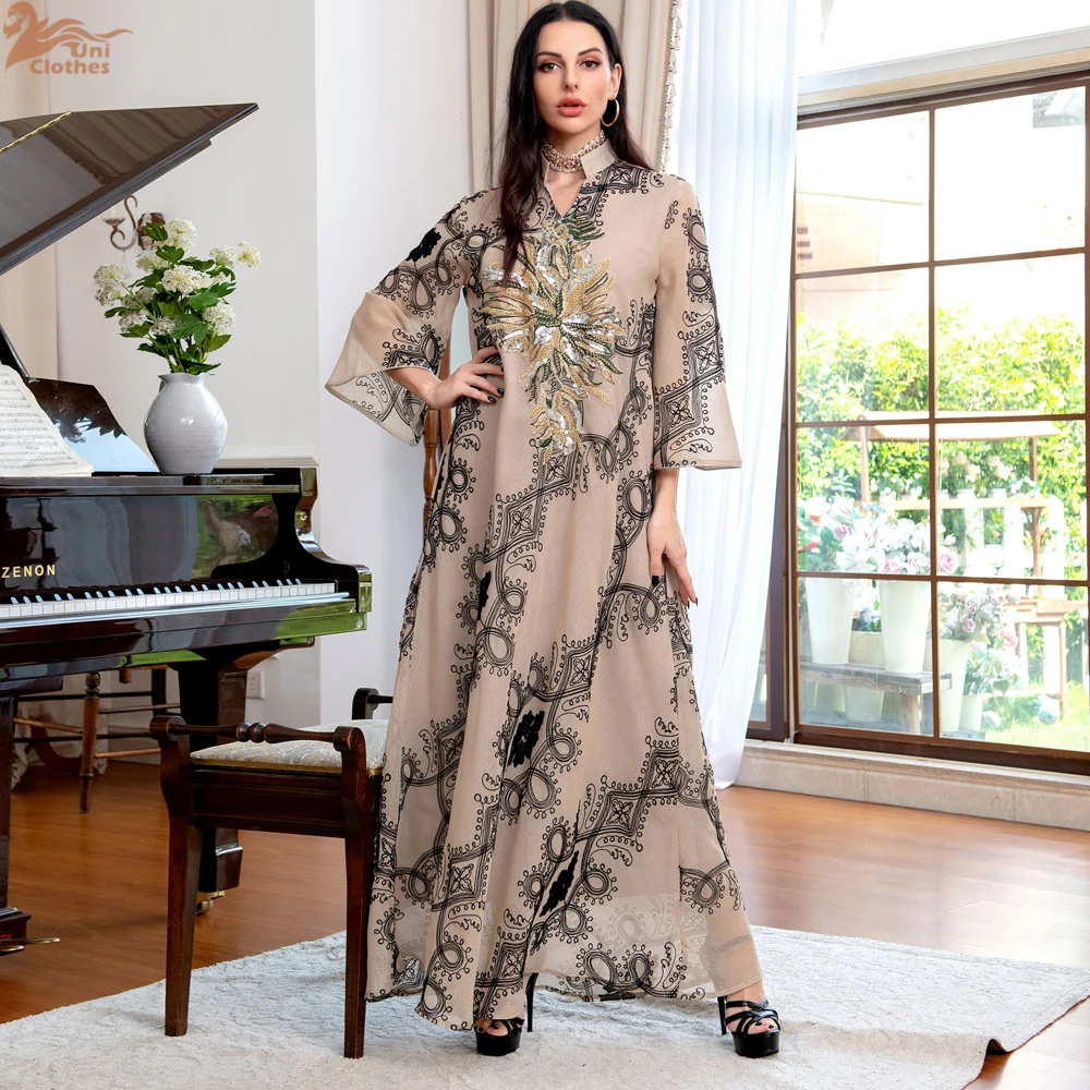 ใหม่ผู้หญิงมุสลิมหรูหรา Robe ลูกปัดดอกไม้เย็บปักถักร้อยชุดราตรีแขนยาว V คอพิมพ์ Elegant Lady ขนาดใหญ่ Swing Dresses