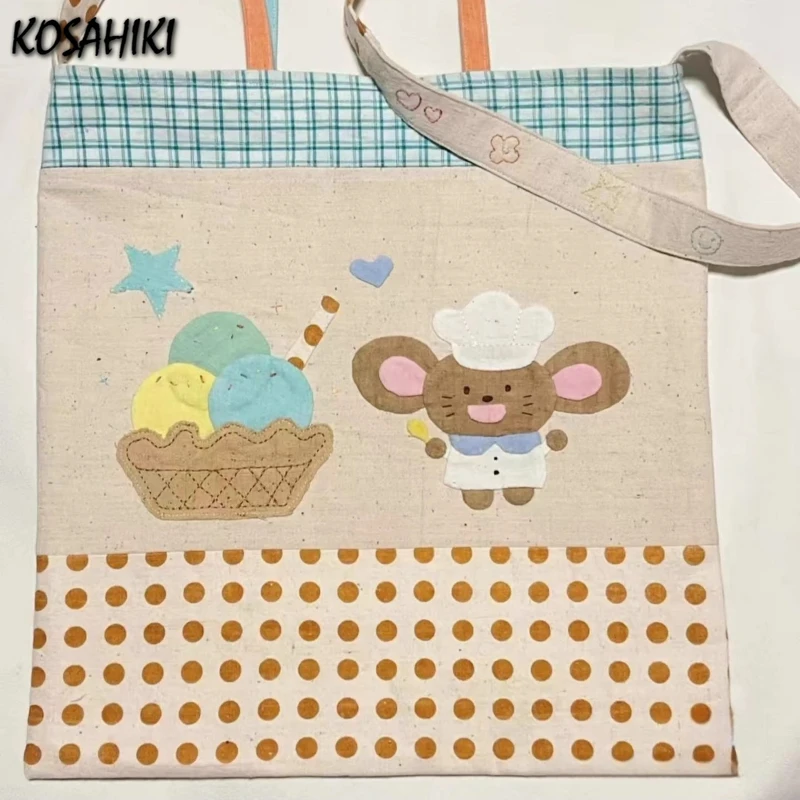 

Contrast Color Plaid Fashion Women's Handbags Y2k Aesthetic Cartoon Printing Shoulder Bags Japanese Sweet Cute Dots Underarm Bag