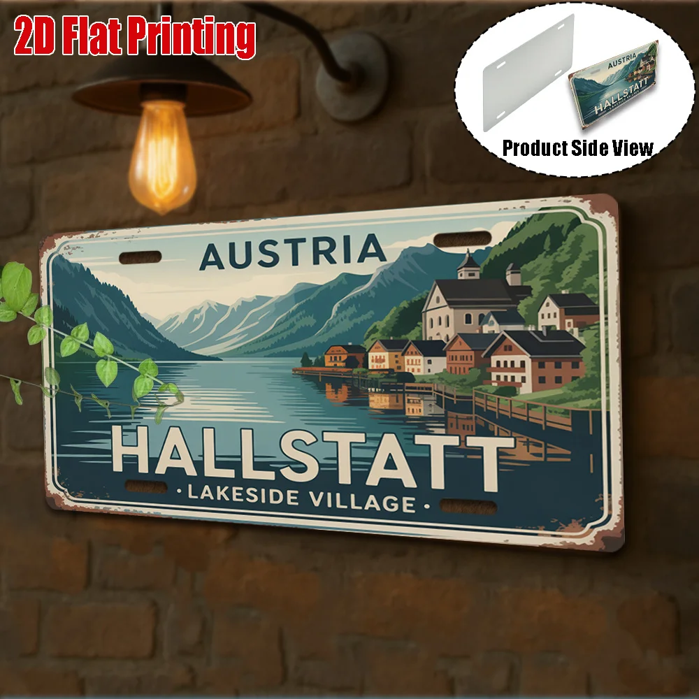 2D Flat Retro Welcome to Hallstatt Aluminum Wall Sign Lakeside Village Alpine Scenery Decor Outdoor Wall Art Scenic Travel Gift