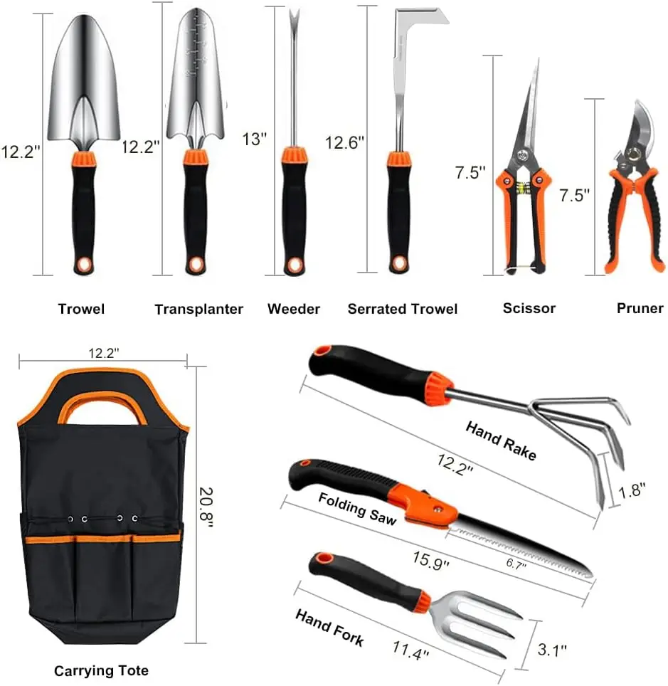 Garden Tool Set,10 PCS Stainless Steel Heavy Duty Gardening Tool Set with Soft Rubberized Non-Slip Ergonomic