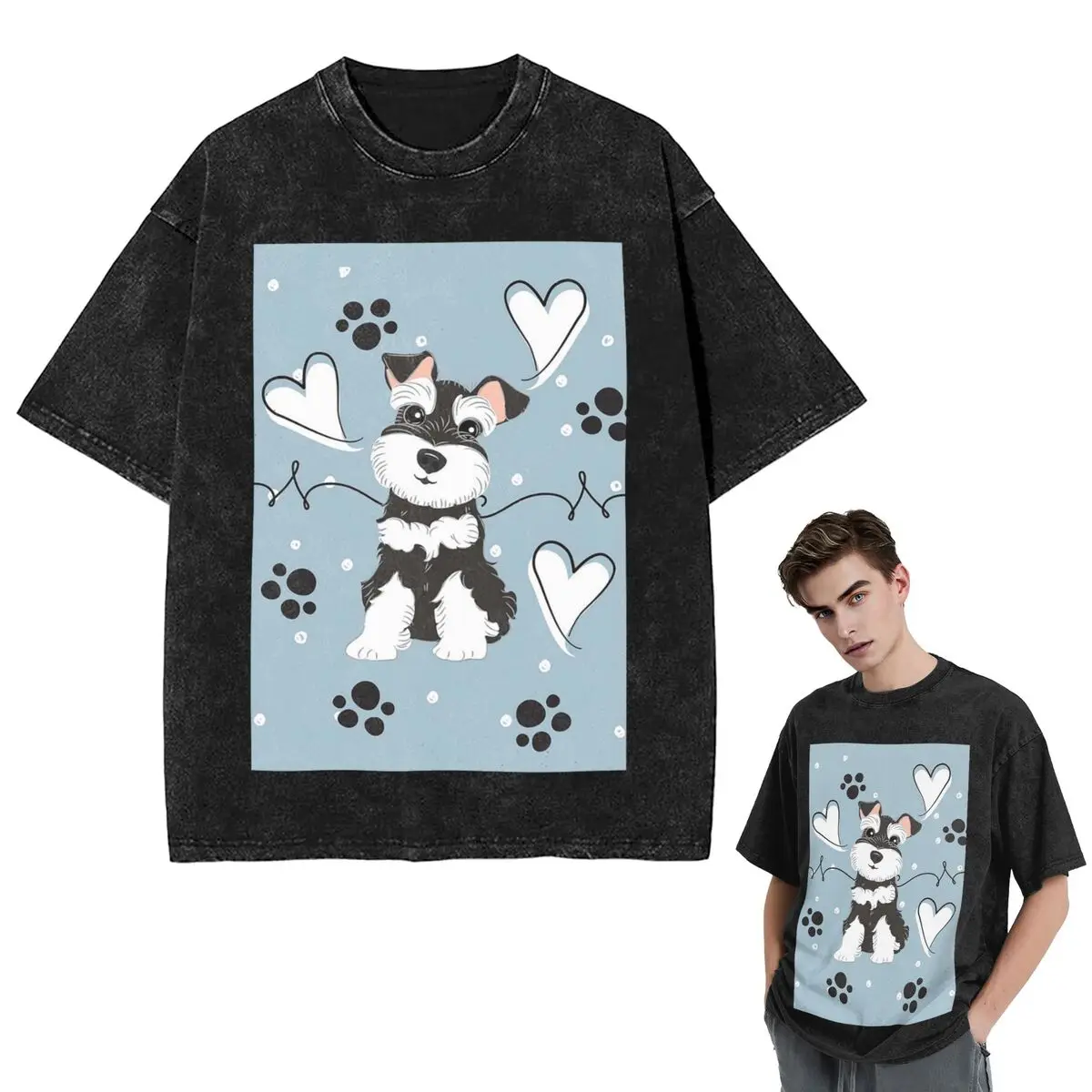 Streetwear T-Shirts Love Black And White Miniature Schnauzer Washed T Shirt Short Sleeve Hip Hop T-Shirt Tops Tees for Men Women