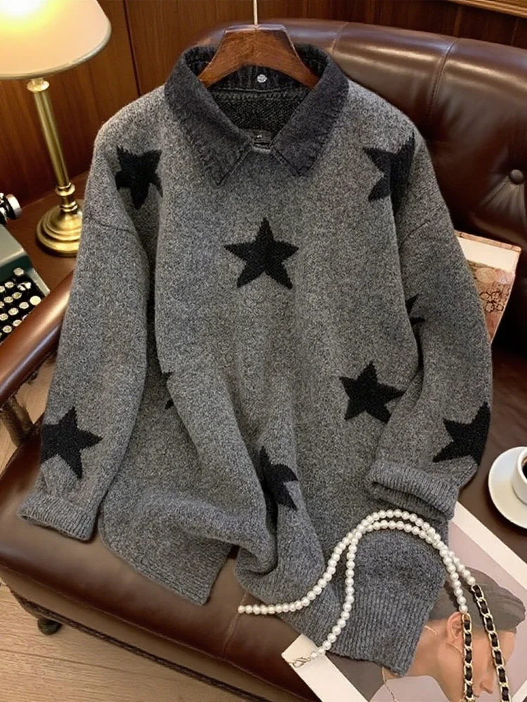 

Y2K Sweaters Women Patchwork Knitted Jumpers Tops Loose Female Design Turn Down Collar Pullovers