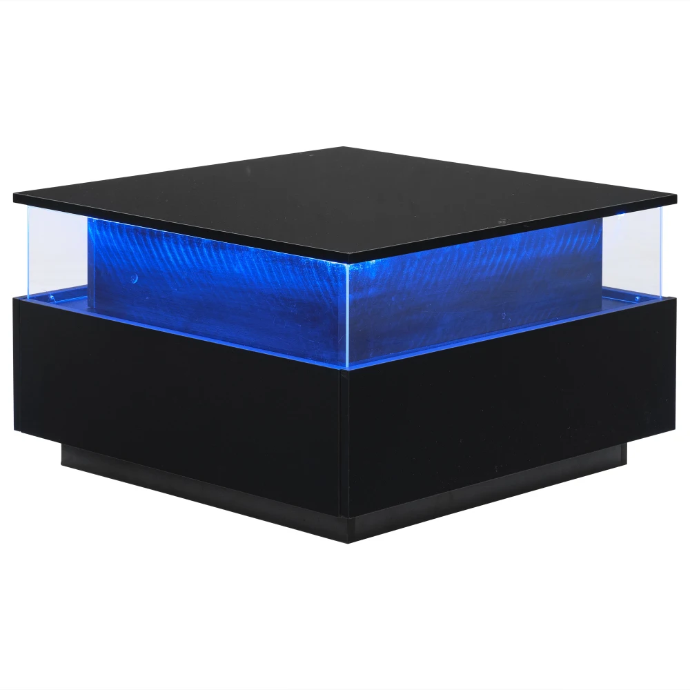 70 x 70 x 41 cm großer moderner Hochglanz-LED-Couchtisch mit 2 Schubladen und transparentem Präsentationsbereich, belastbar bis zu 30 kg – Detail 24