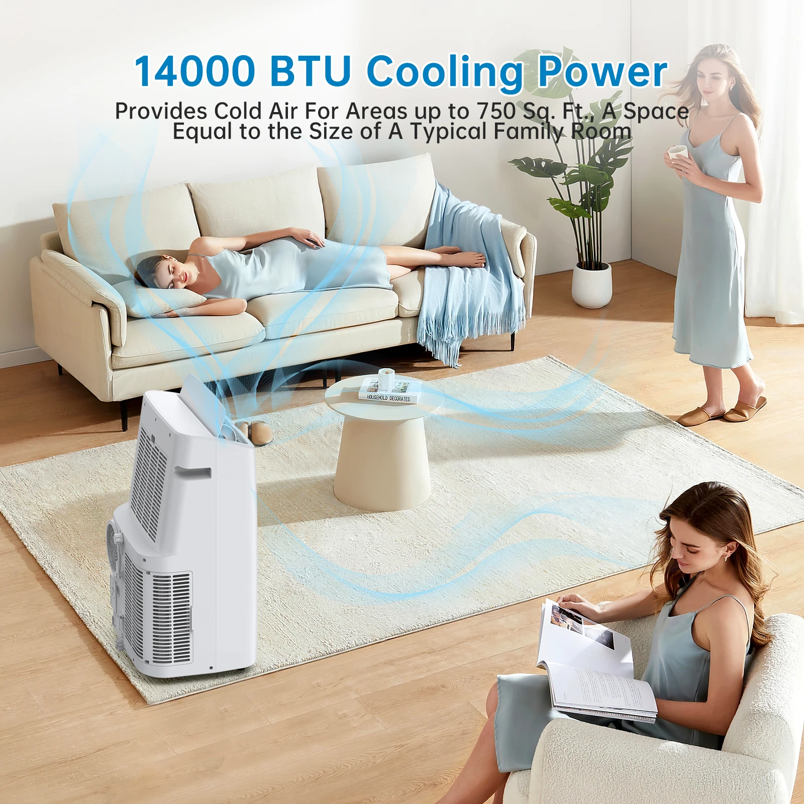 14000 BTU Portable Air Conditioner With 24H Energy Save Timer, Cooling, Dehumidify, 3-Speed Fan, For Rooms Between 550-750 sqft