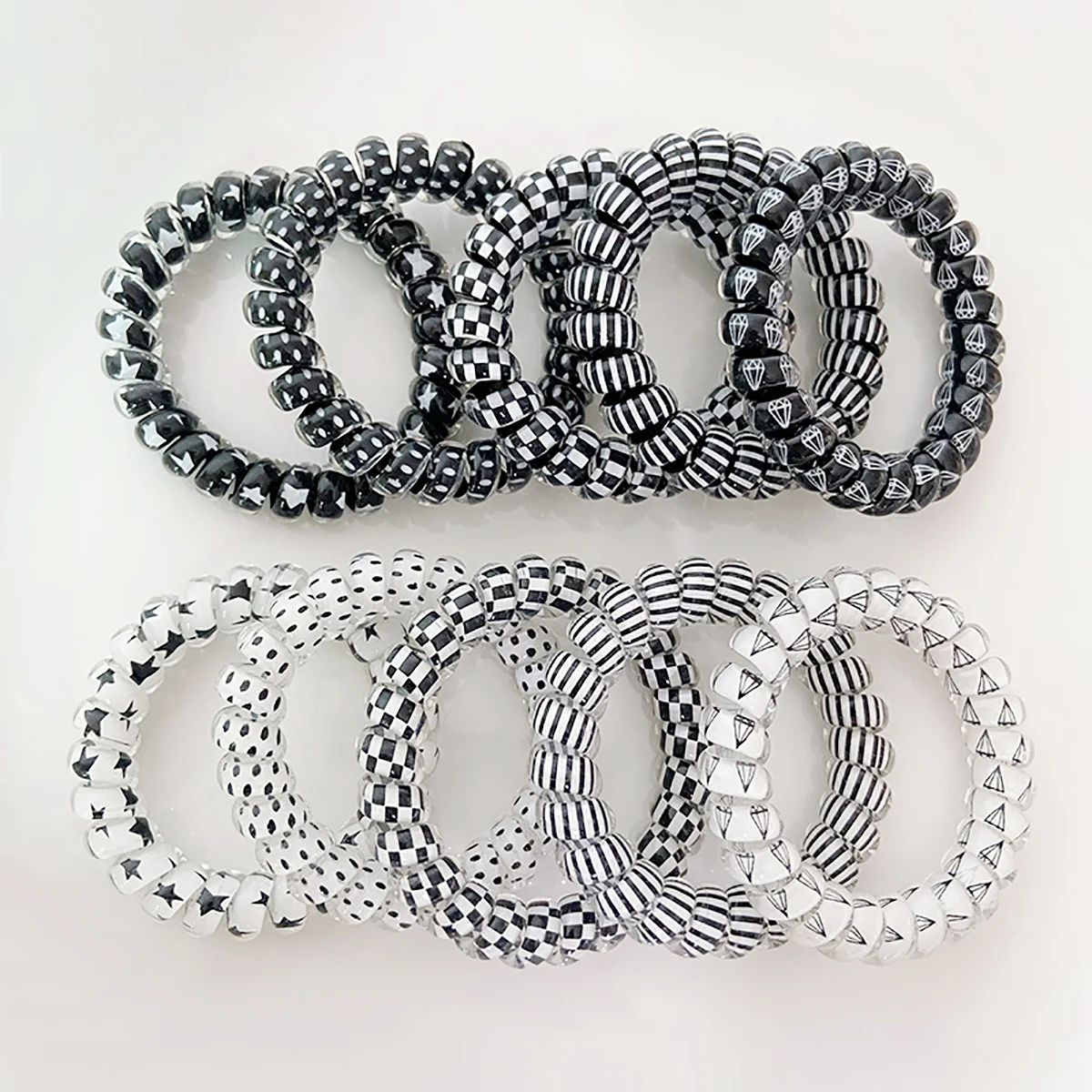 10pcs/set Spiral Hair Ties Telephone Cord Scrunchies Black White Plaid Star Dot Print Elastic Hair Band Women Hair Accessories