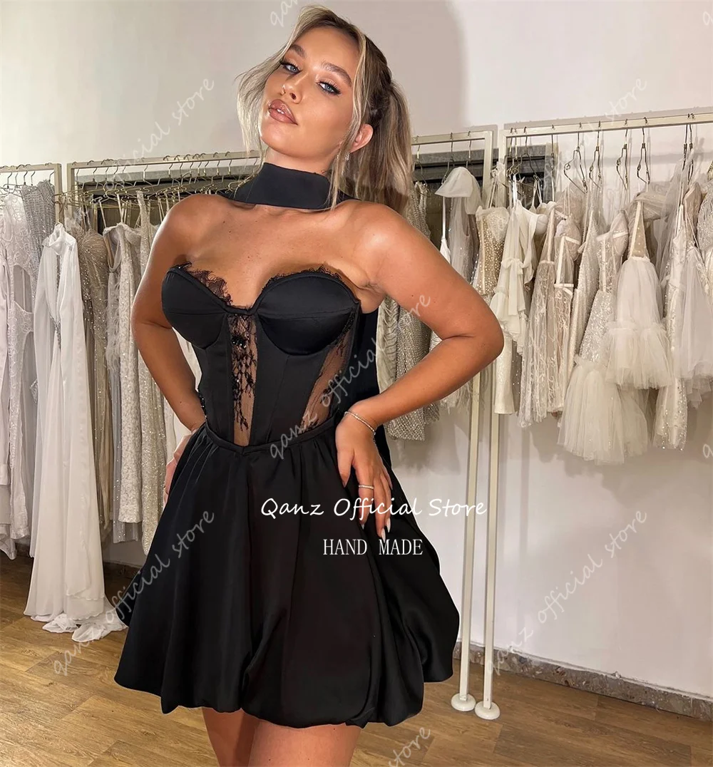فستان Qanz مثير أسود قصير للحفلات الراقصة بدون أكمام من الساتان على شكل حرف A فساتين لحفلات الكوكتيل من فيستدوس بارا إيفينتوس خاص حسب الطلب