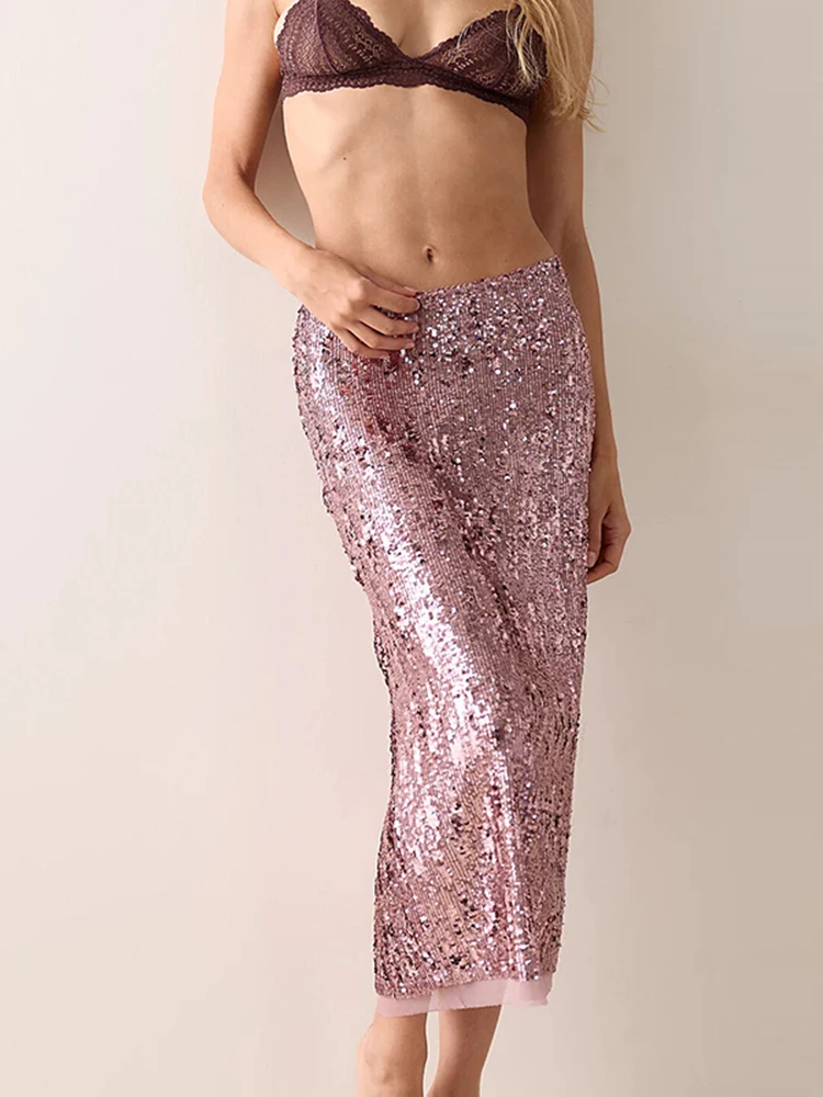 Elegant High Waist Bodycon Flared Hem Long Skirt Women Chic Shiny Sequin Midi Skirt Autumn Sexy Glitter Fishtail Skirt for Party