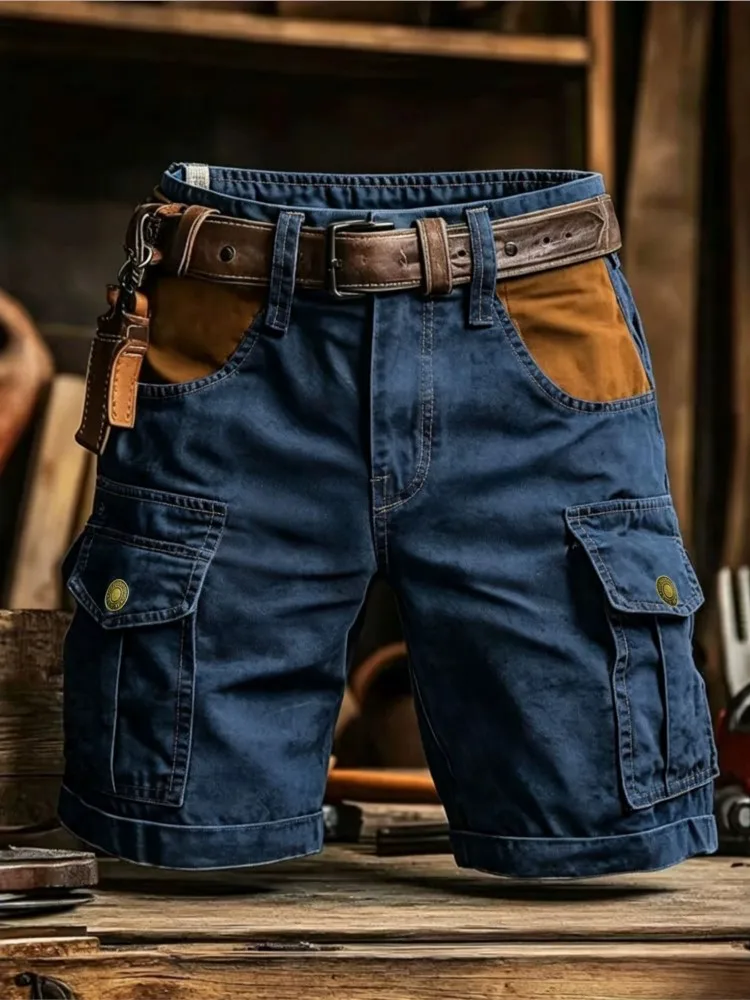 Vintage Multi Pocket Cargo Shorts Men Casual Solid Loose Straight Shorts Summer Mens Fashion Workwear Breathable Straight Shorts
