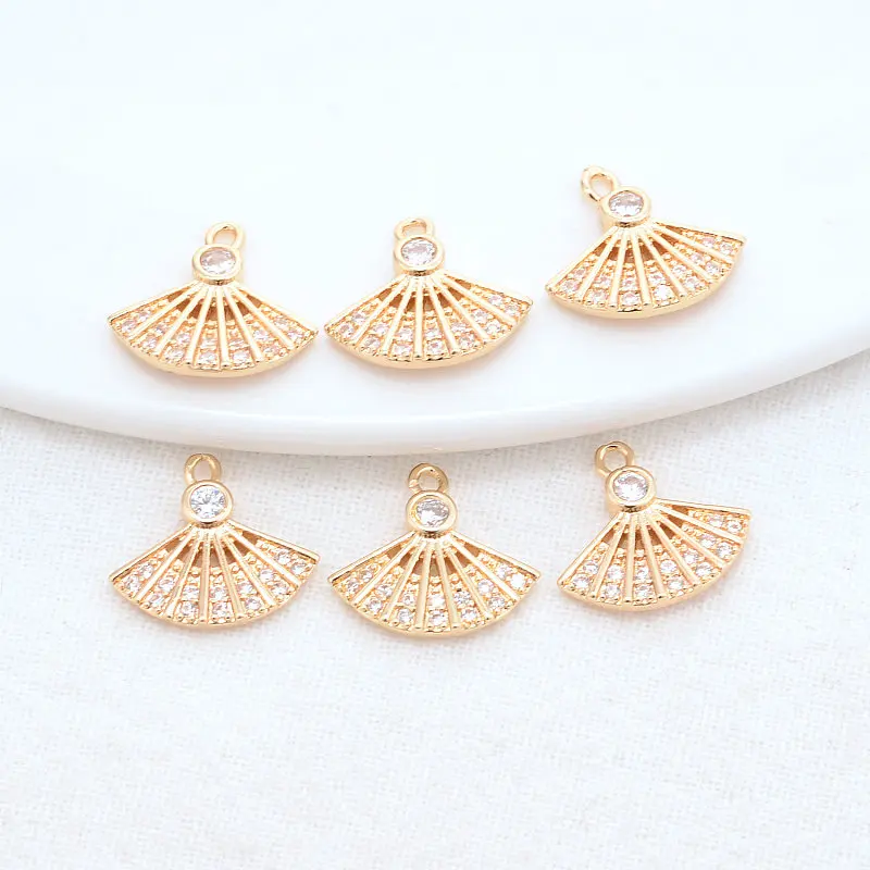 13*14MM 14K Gold Color Brass and Zircon Fan Shape Charms Pendants Necklace Bracelet Jewelry Making Supplies Diy Accessories