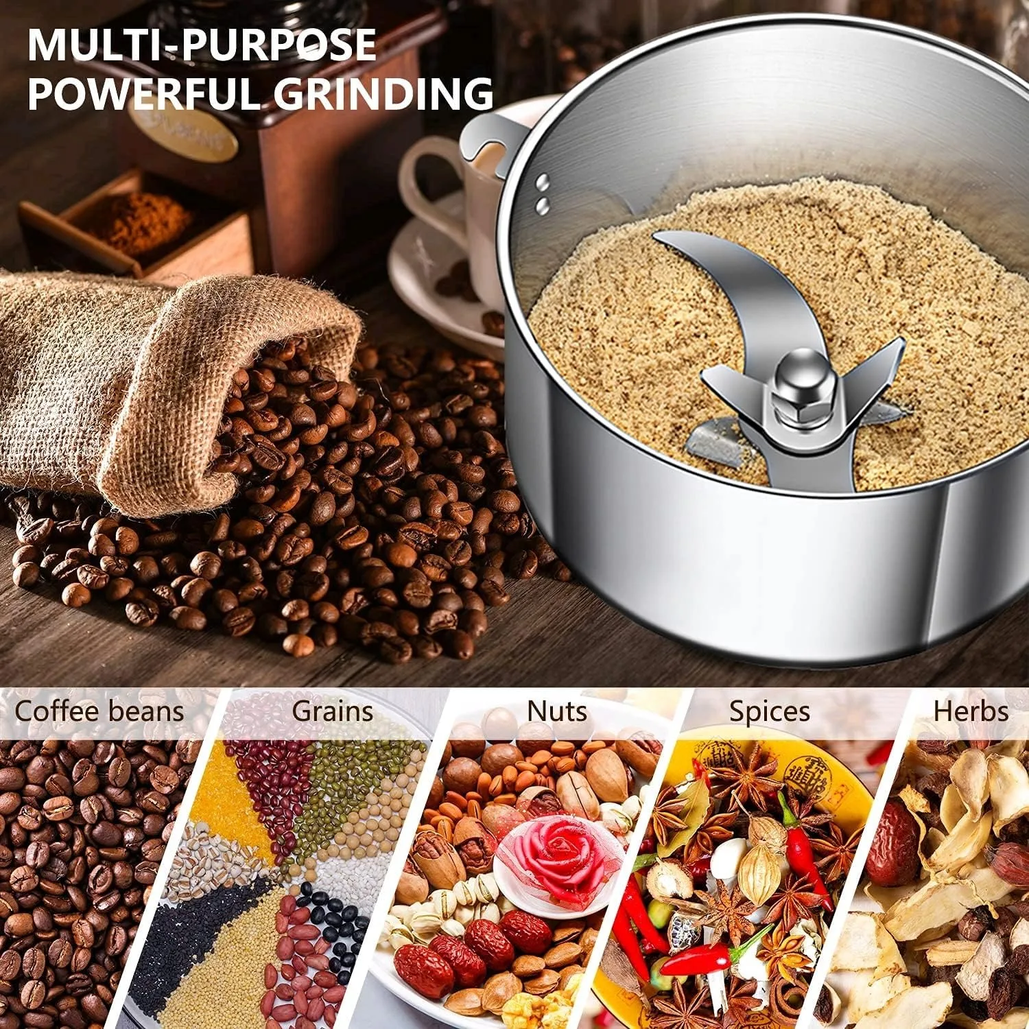 Grain Mill Grinder 750g High Speed Electric Stainless Steel Grinder Cereals Corn Flour Pulverizer Powder Machine