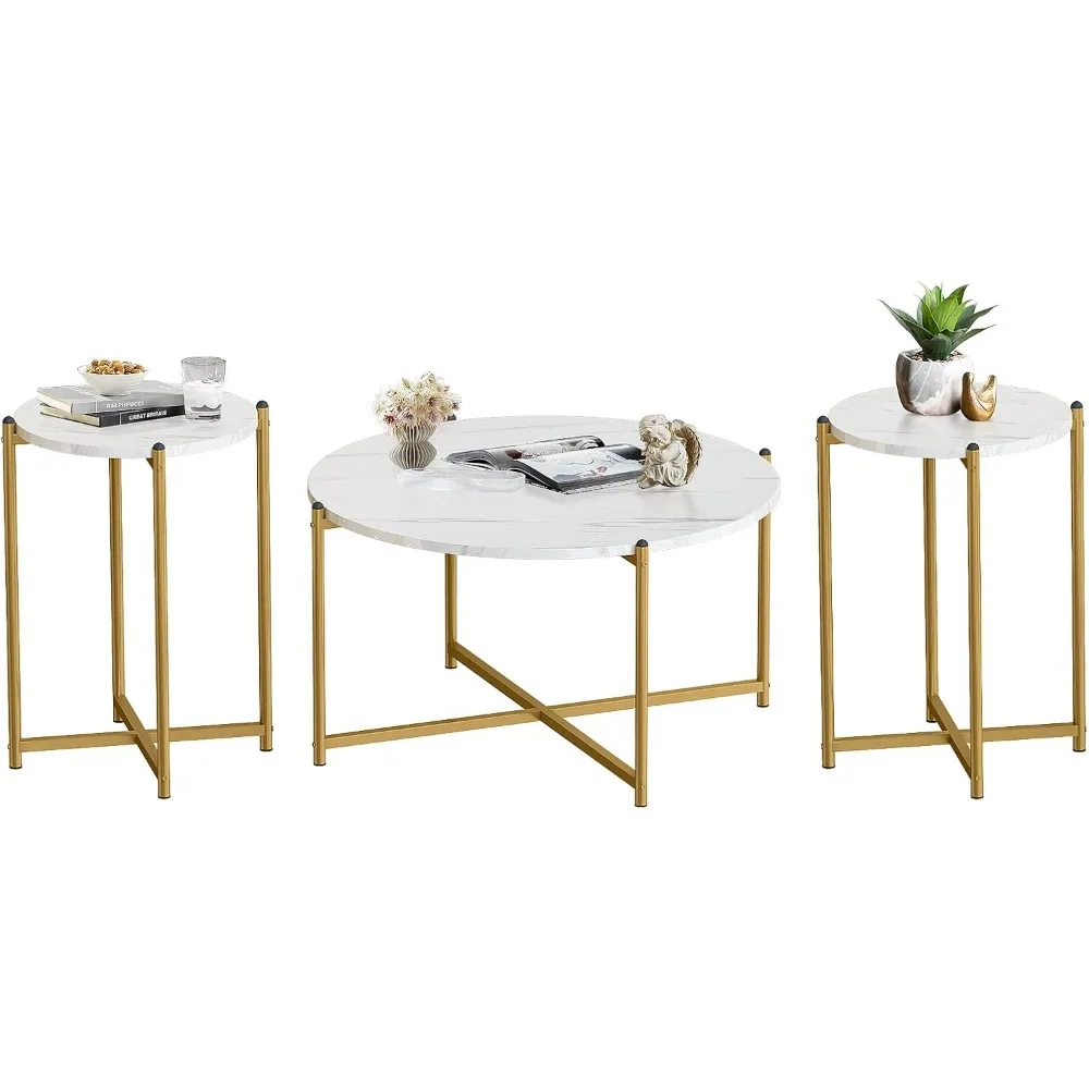 

Coffee Table Set of 3,Modern Faux Marble Top with Golden Frame,1 Coffee Table & 2 Accent Table, for Apartment