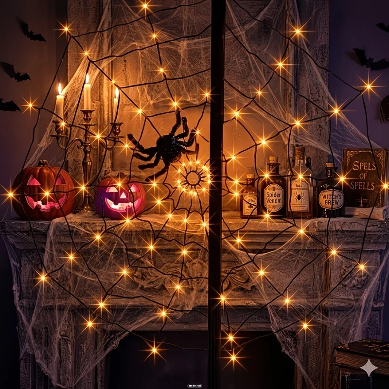 Atmosphere Lamp Halloween Haunted House Spider Web LED Lights 70LED 8 Modes Battery Spooky Atmosphere For Home Holiday Party