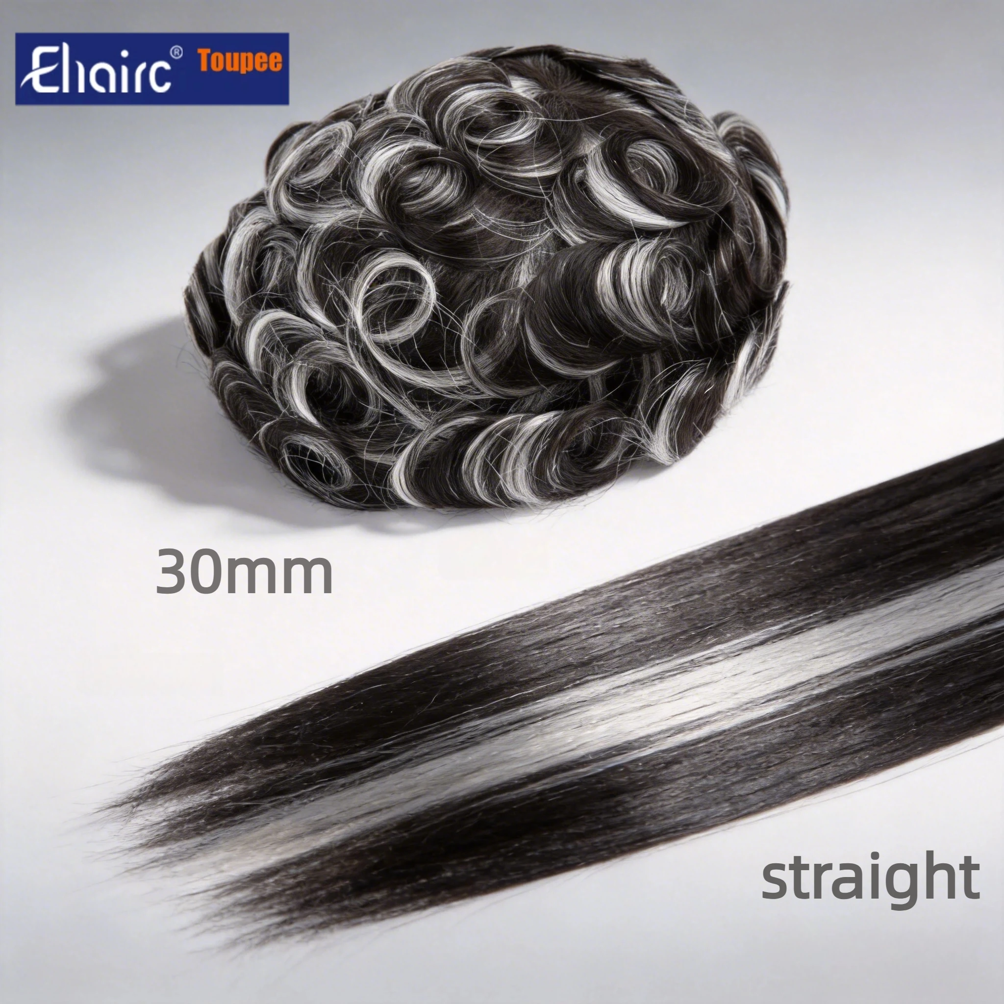 Toupee Men 100% Human Hair Black With White Highlights Ultra-thin PU Base Hair System Invisible Natural Hairline  Mens Wig