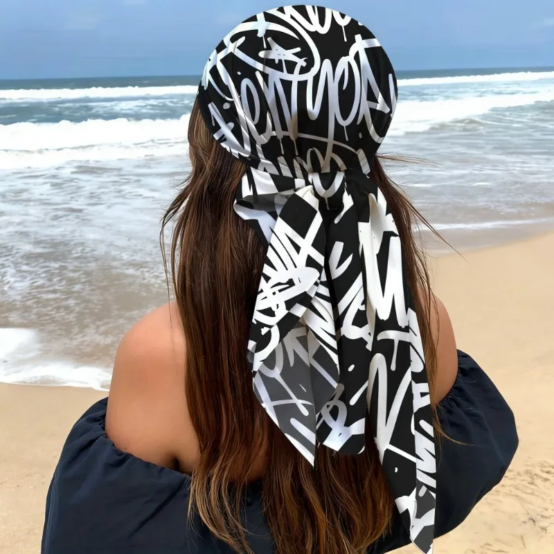 90x90cm Black White Graffiti Square Scarf,Satin Bandana for Women, Street Style Head Wrap Neck Scarf, Y2K Hip Hop Hair Accessory