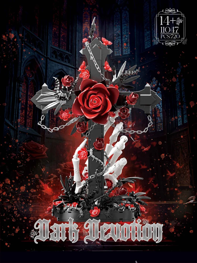 Idea Baustein Rote Rose Deudtion Lernspielzeug Blumen-Skelett-Hand Kreuz-Konstruktions-Baustein-Modell Sammlerstück Schreibtisch-Deko – Detail 1
