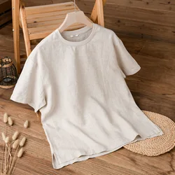 Summer Fashion New Linen Blends Short Sleeve T-shirt Retro Japan Style O-Neck Round Linen Solid Men's Tee Tshirts Thin Tops