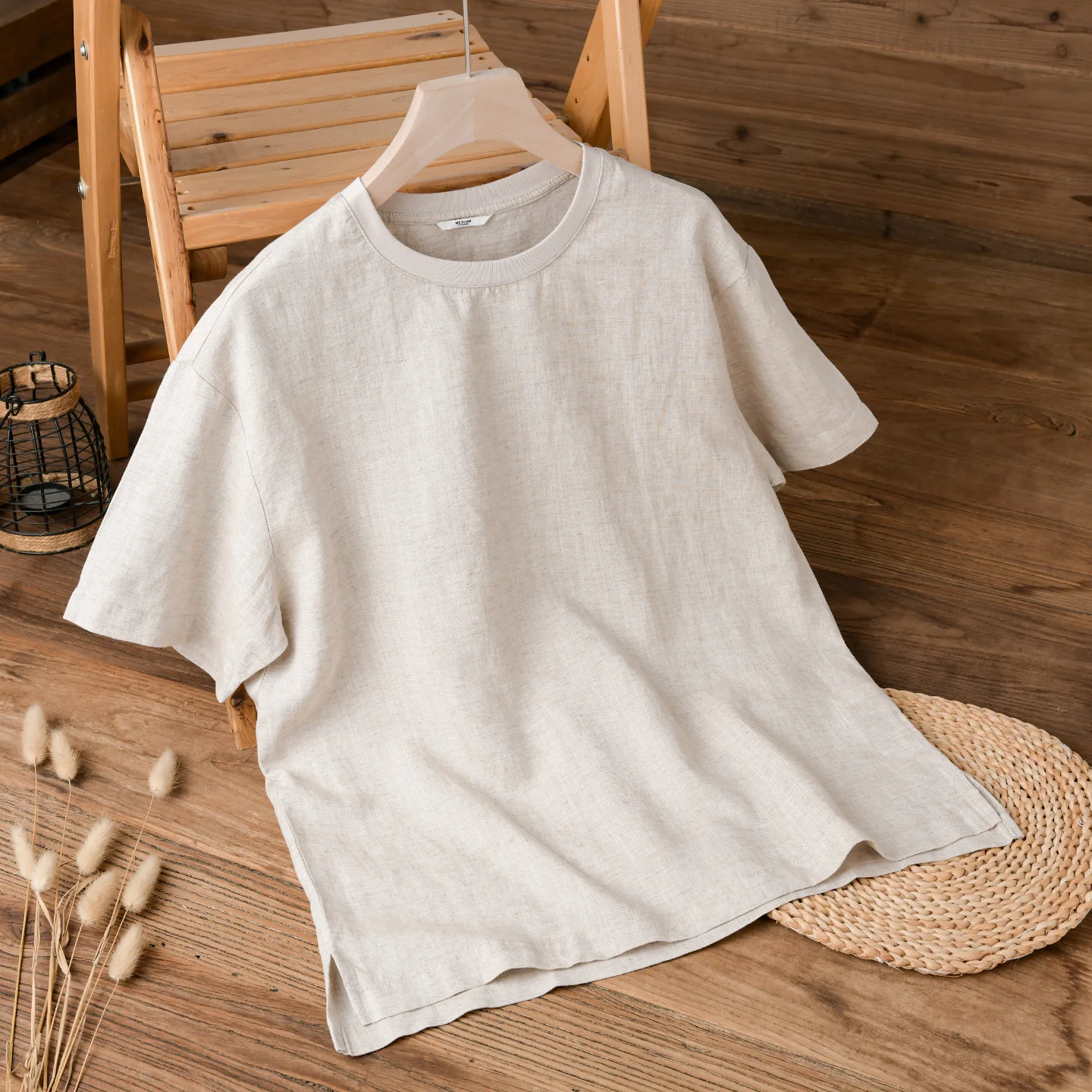 Letnia Moda Nowe Mieszanki Lnu Krótki Rękaw T-shirt Retro Japoński Styl Okrągły Dekolt Lnu Jednolity Kolor Męskie Koszulki Cienkie Topy