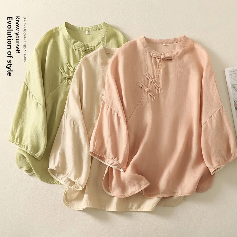

High-End Women's Cotton Linen Button-Up Thin Top Collar T-Shirt Base Shirt Spring Summer New Style Loose Fit Breathable Skin-...