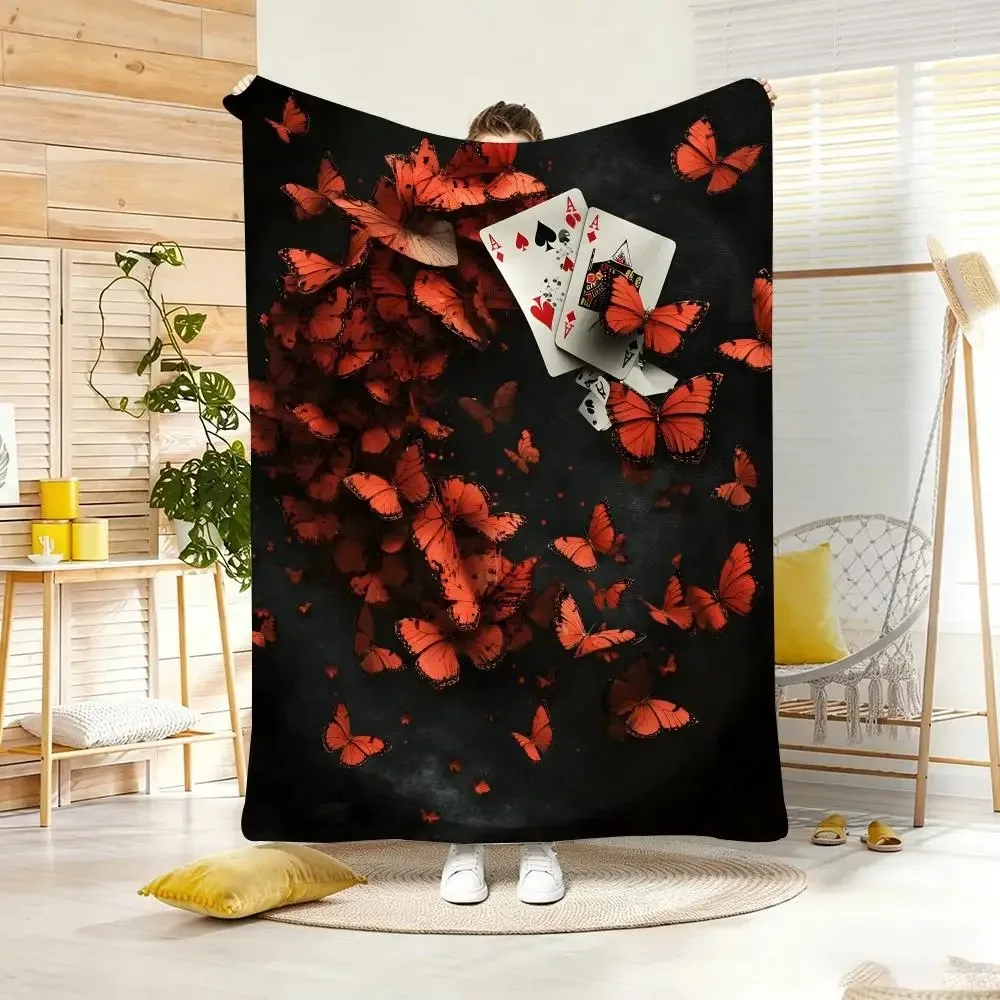 Art D-Dark Red Butterfly Poker Throw Lightweight  Flannel Blanket Soft Skin-friendly for Summer Cooling