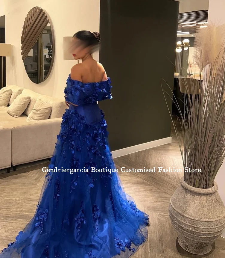 الأحجار الكريمة الأزرق حمالة فساتين لحضور الحفلات الموسيقية رائعة الساتان ثلاثية الأبعاد زهرة البطانة المشاركة ألف خط الطابق طول فساتين السهرة حسب الطلب