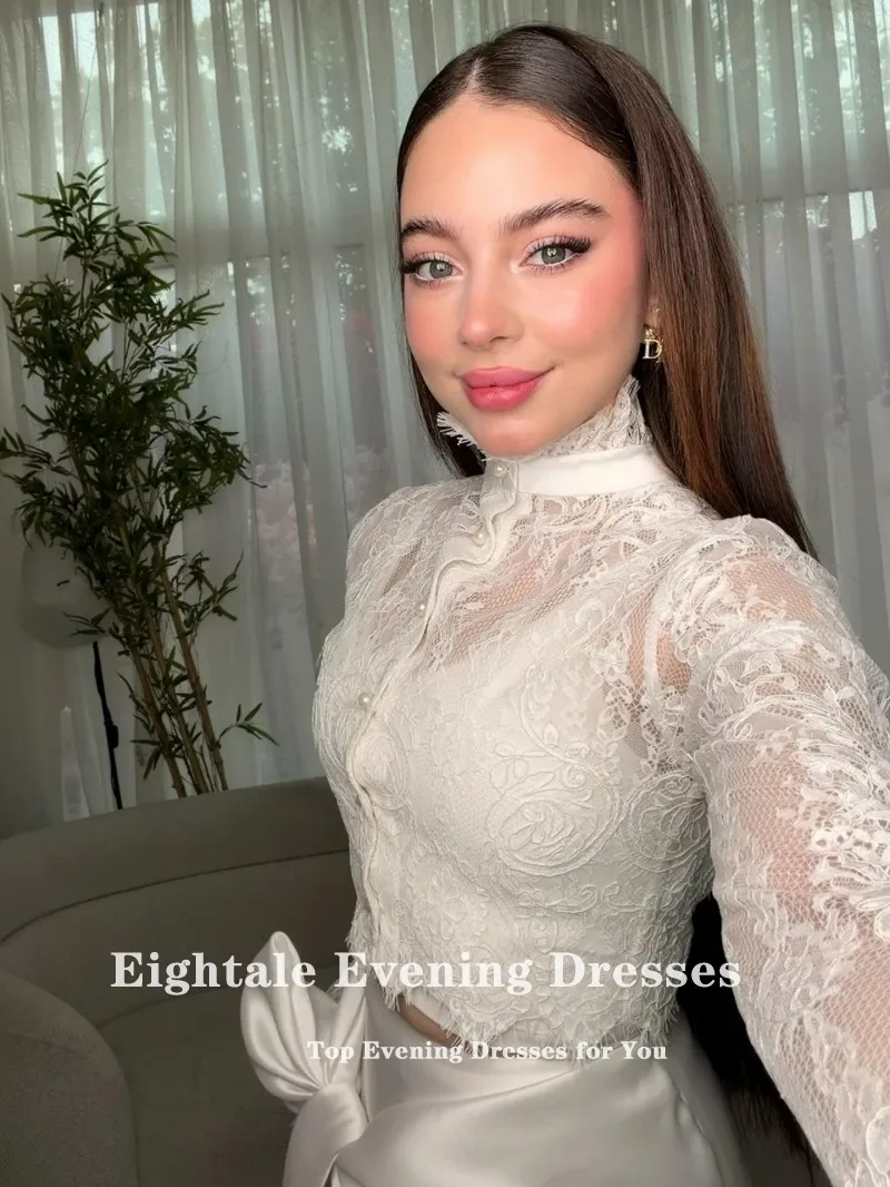 Eightale Short Wedding Dress Two Piece Customized Ivory Satin Lace Long Sleeves  Bridal Gown Bride Party Dress Vestido De Novia