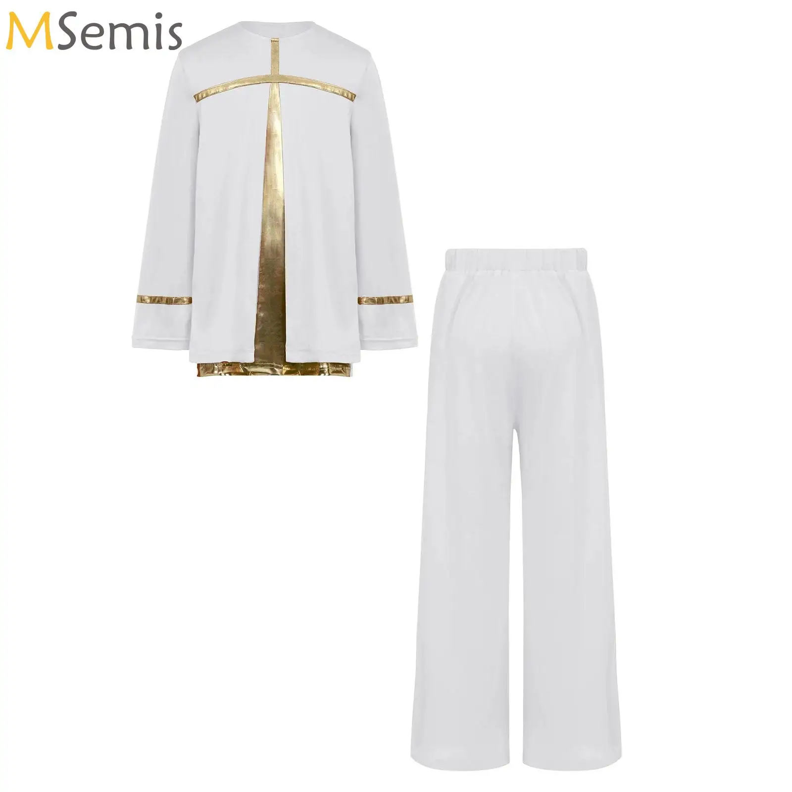 

Kids Boys Church Choir Worship Costume Liturgical Praise Lyrical Dance Performance Dancewear Metallic Tunic Top with Pants Set