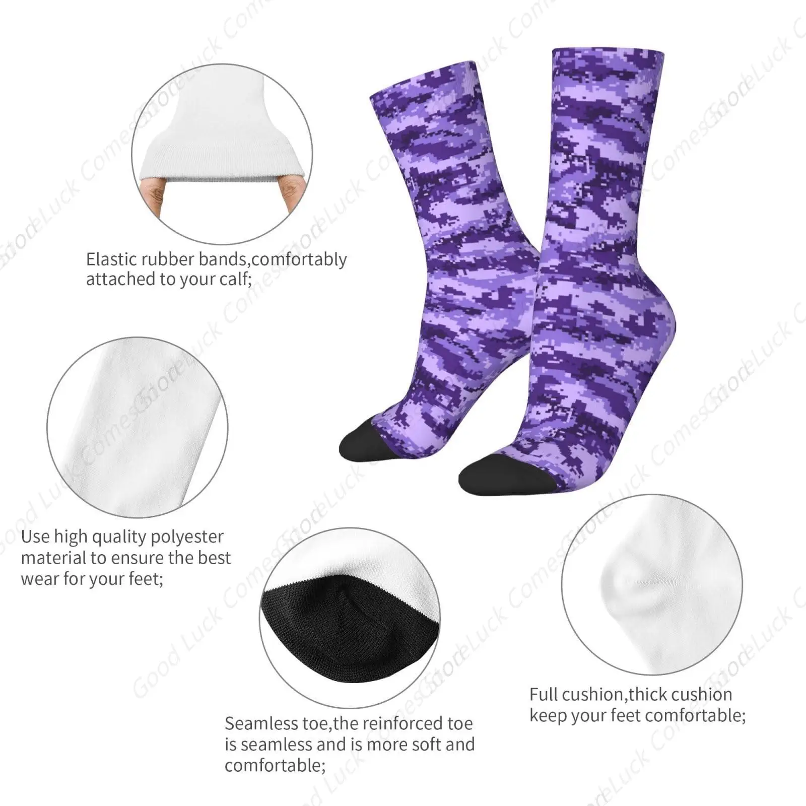Lila Pixel Camo 16-Zoll-Crew-Socken, originelle Sportsocken für Damen und Herren