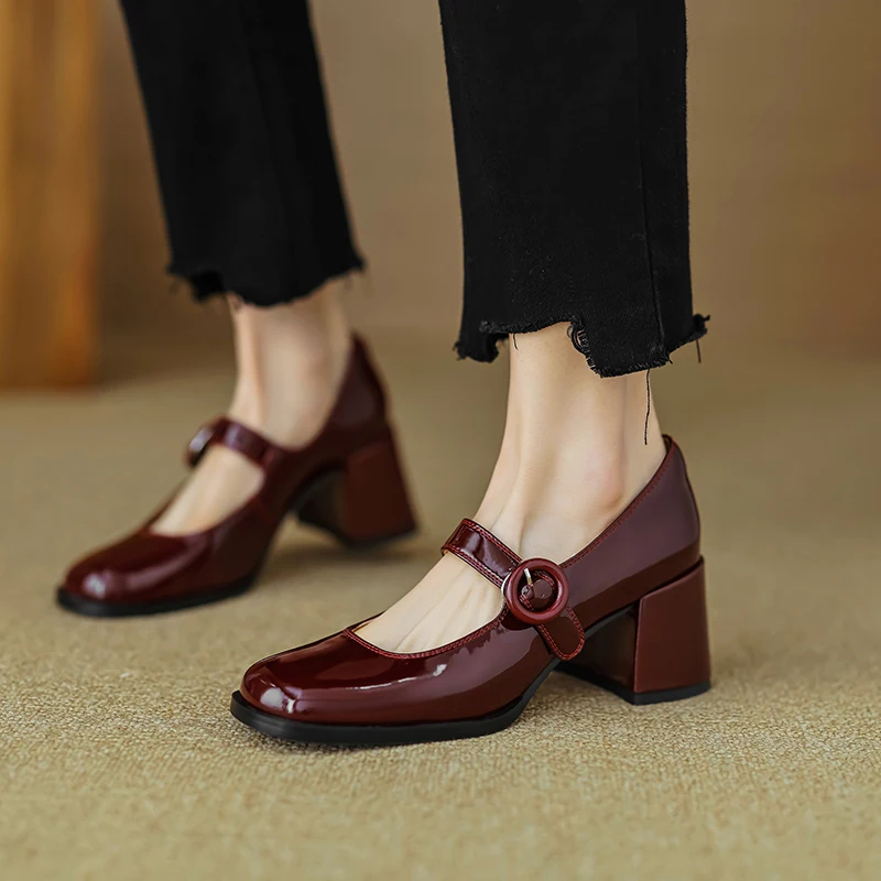 Women Pumps Thick Heels Spring Patent Leather Mary Janes Genuine Leather Round Toe Buckle Strap Retro Office Lady Shoes Woman