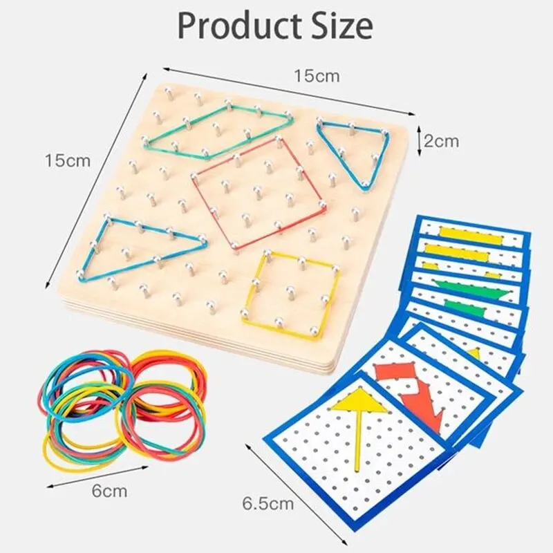 Montessori Educational Kids Baby Creative Toy Graphics Math Pattern Blocks Geo Board Rubber Bands Wooden Nail Boards Set