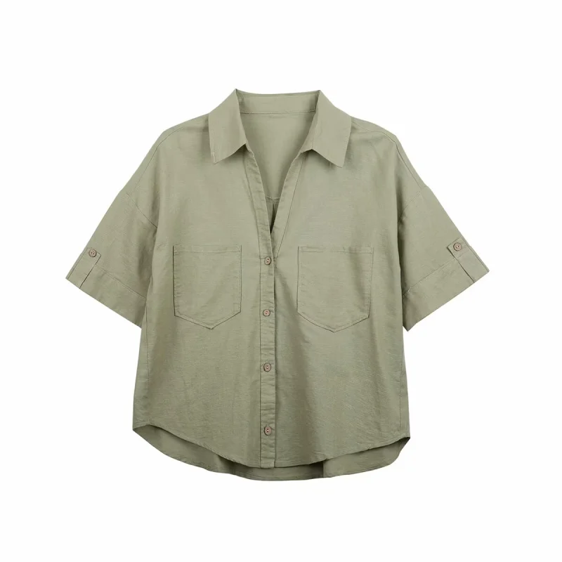 ETJ 2025 estate nuova camicia corta casual a maniche corte allentata in tessuto misto fresco e traspirante da donna