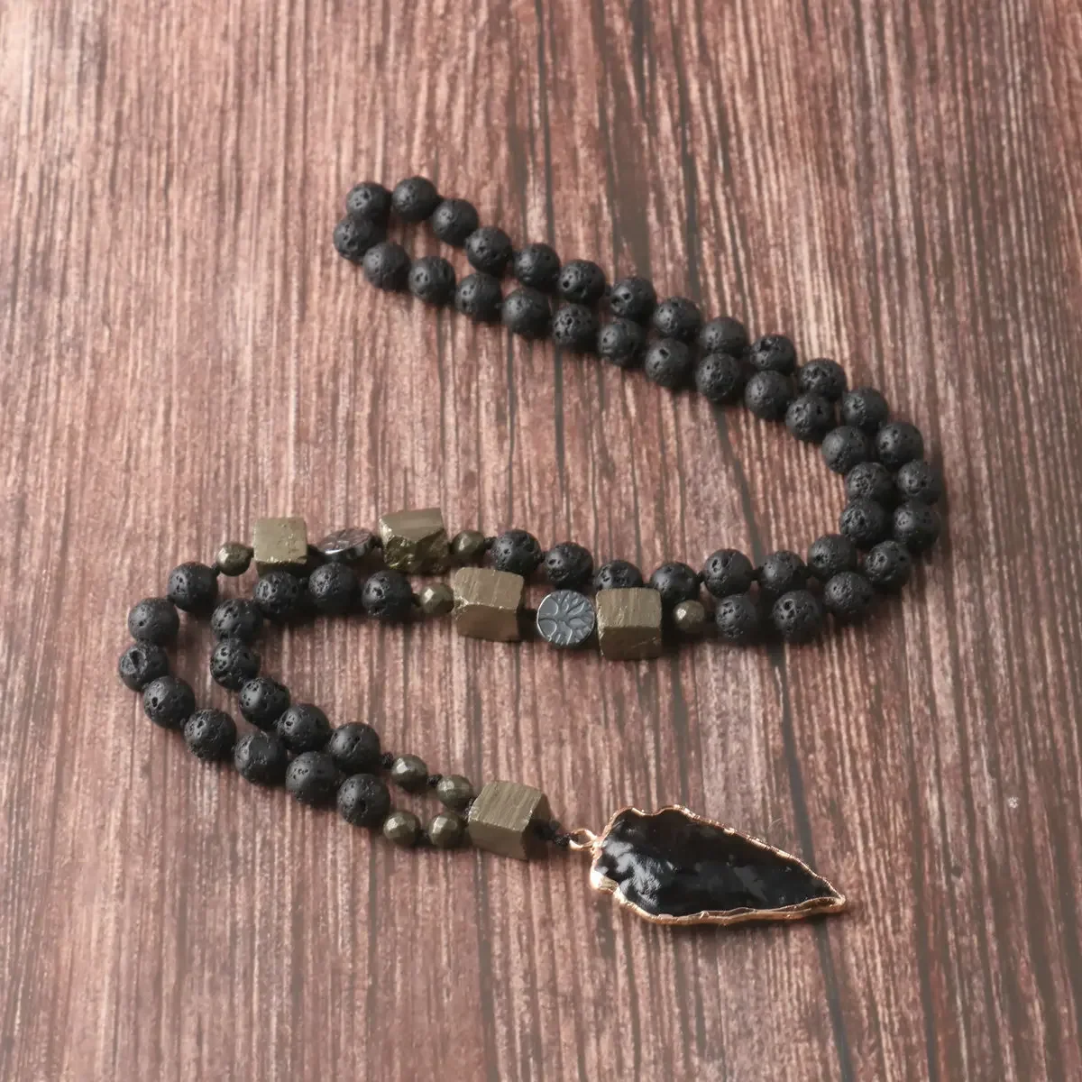 1pc 8mm Lava Rock Obsidian Arrow Pendant Beaded Necklace Hand Beaded Copper Iron Handmade Knotted Men JewelryNecklace