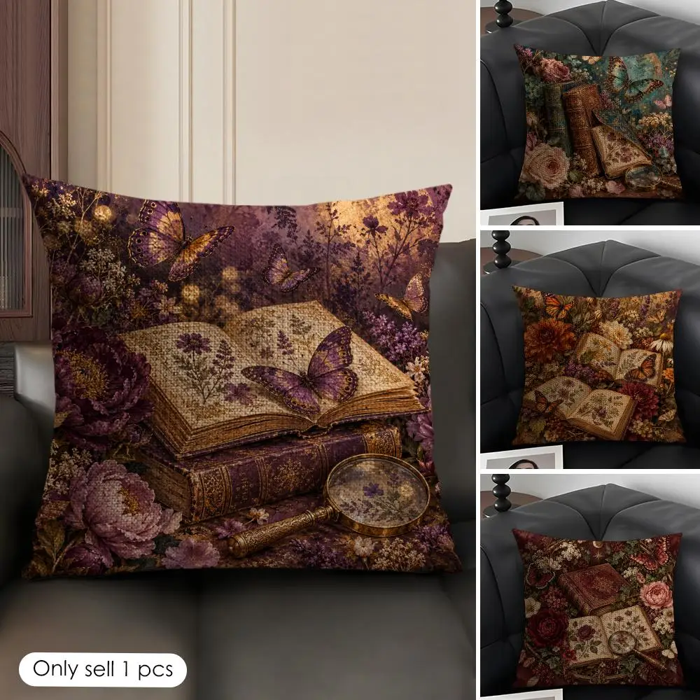 Butterfly And Book Floral Cushion Cover Skin-Friendly Organic Linen Pillow Cover Durable Hypoallergenic Washable Soft