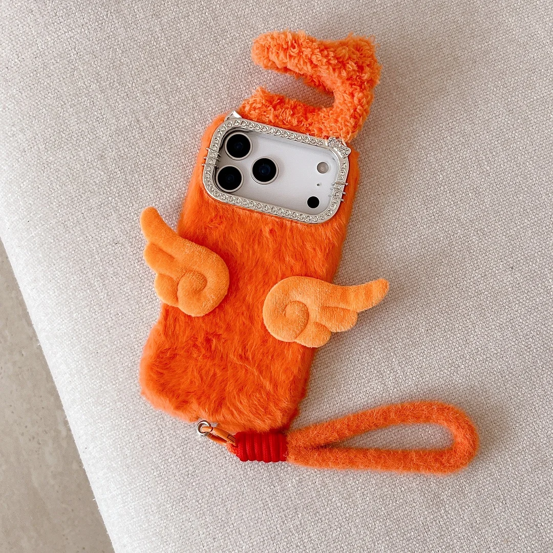 Otoño Invierno cordón cuerda lindo Ángel Halo funda de felpa para iPhone 13 14 15 16 17 Pro Max Plus carcasa a prueba de golpes cubierta de teléfono esponjosa