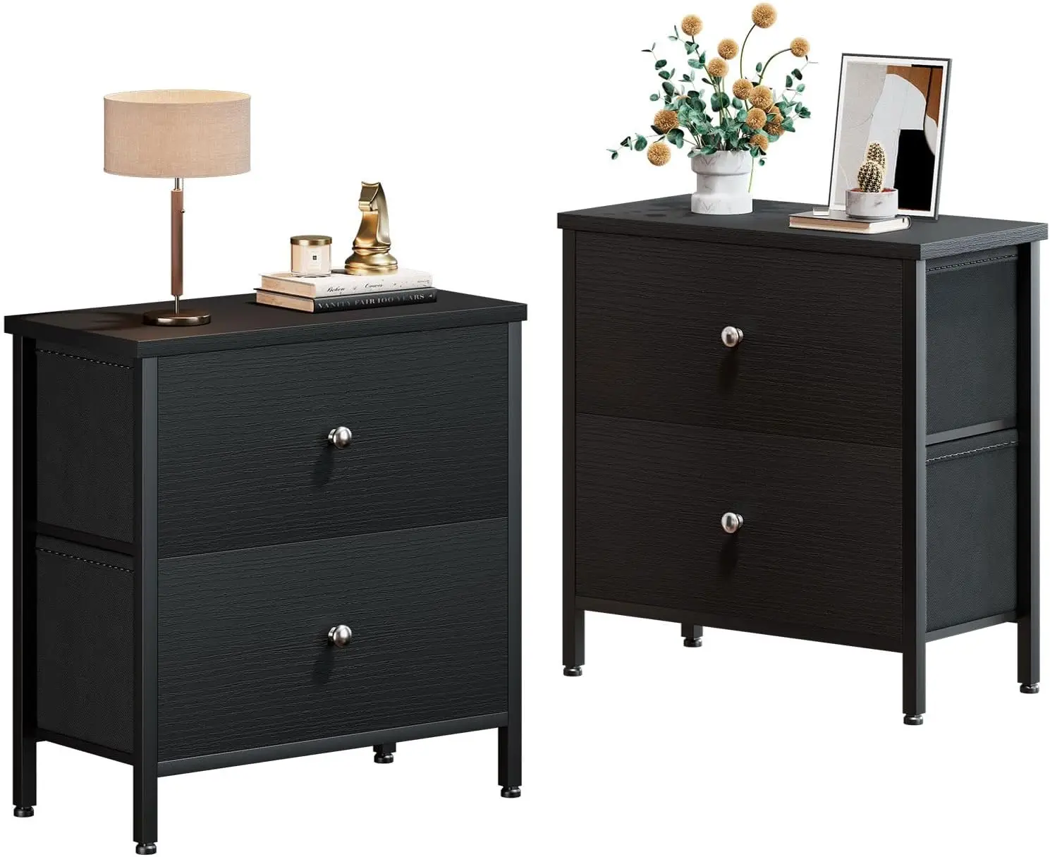 

Black Nightstands Set of 2, 2 Drawer Dresser for Bedroom Night Stand Small Nightstands End Table with Fabric Drawers Modern