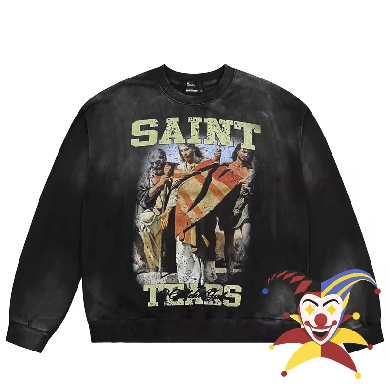 

Saint Tears Sweatshirts Men Women Vintage Washed Black Pullovers Oversized Hoodie