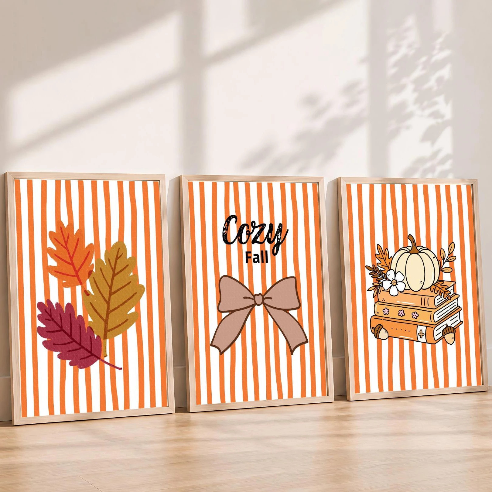 3PCS Comfortable Autumn Leaf Pumpkin Book Poster Thanksgiving Harvest Wall Art  Canvas Painting for Room Decor Fall Gift