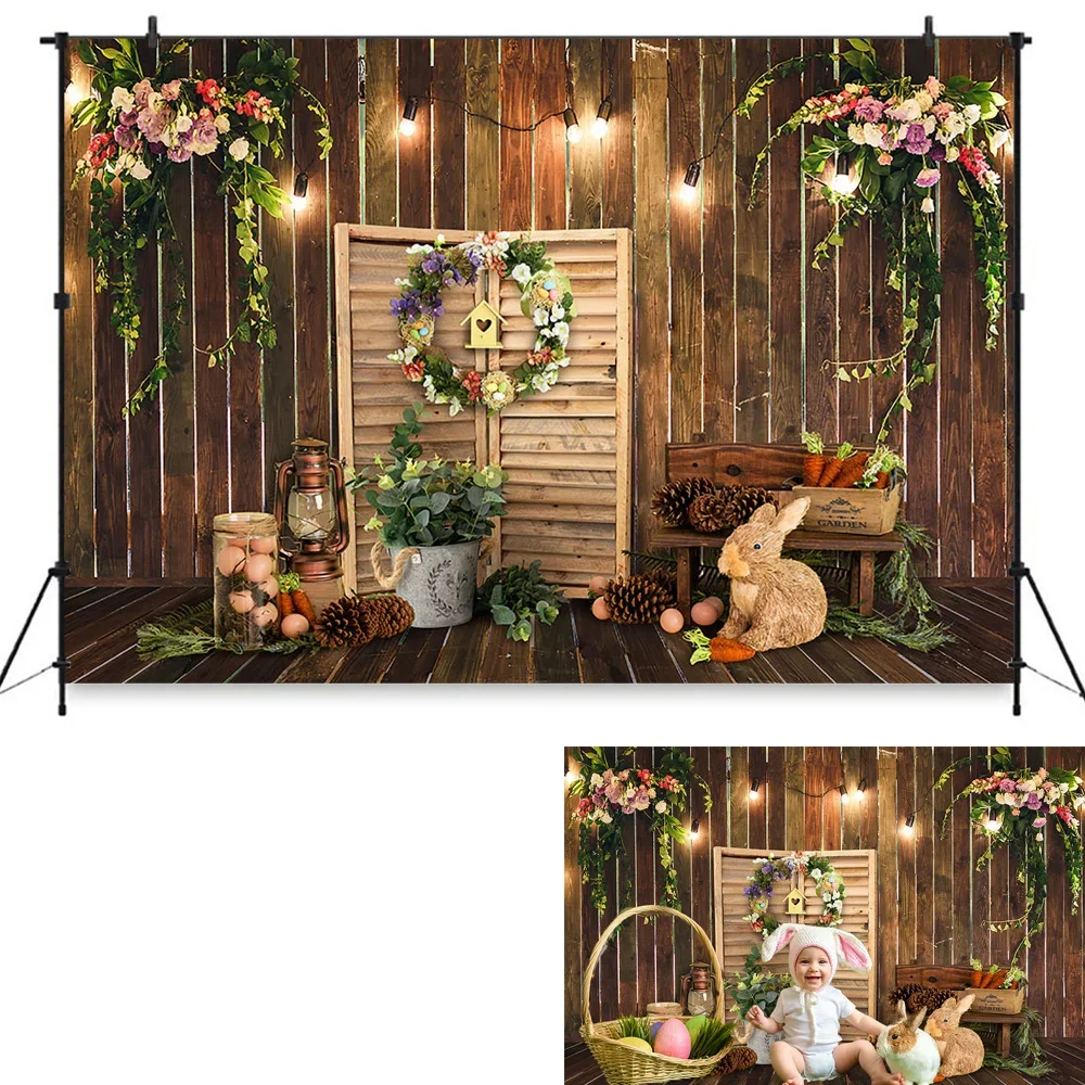 Mocsicka Easter Children Birthday Background Spring Photobooth Studio Bunny Wood Door Baby Portrait Backdrop Carrot Flower Prop