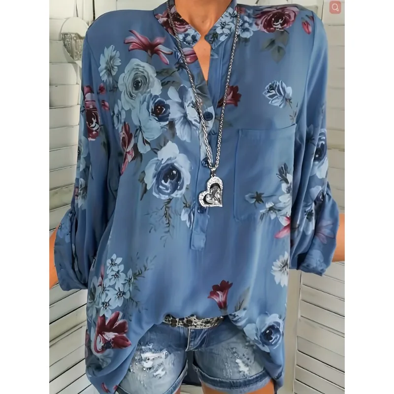Plus Size Women's Fashion New V-neck Pull-up Long Sleeved Printed Shirt Ladies Casual Standing Collar Blouse