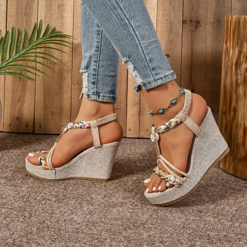 Women's Sandals 2024 Summer High Quality Elastic Band Platform Mixed Color Outdoor Leisure Comfortable Wedge Women's Sandals