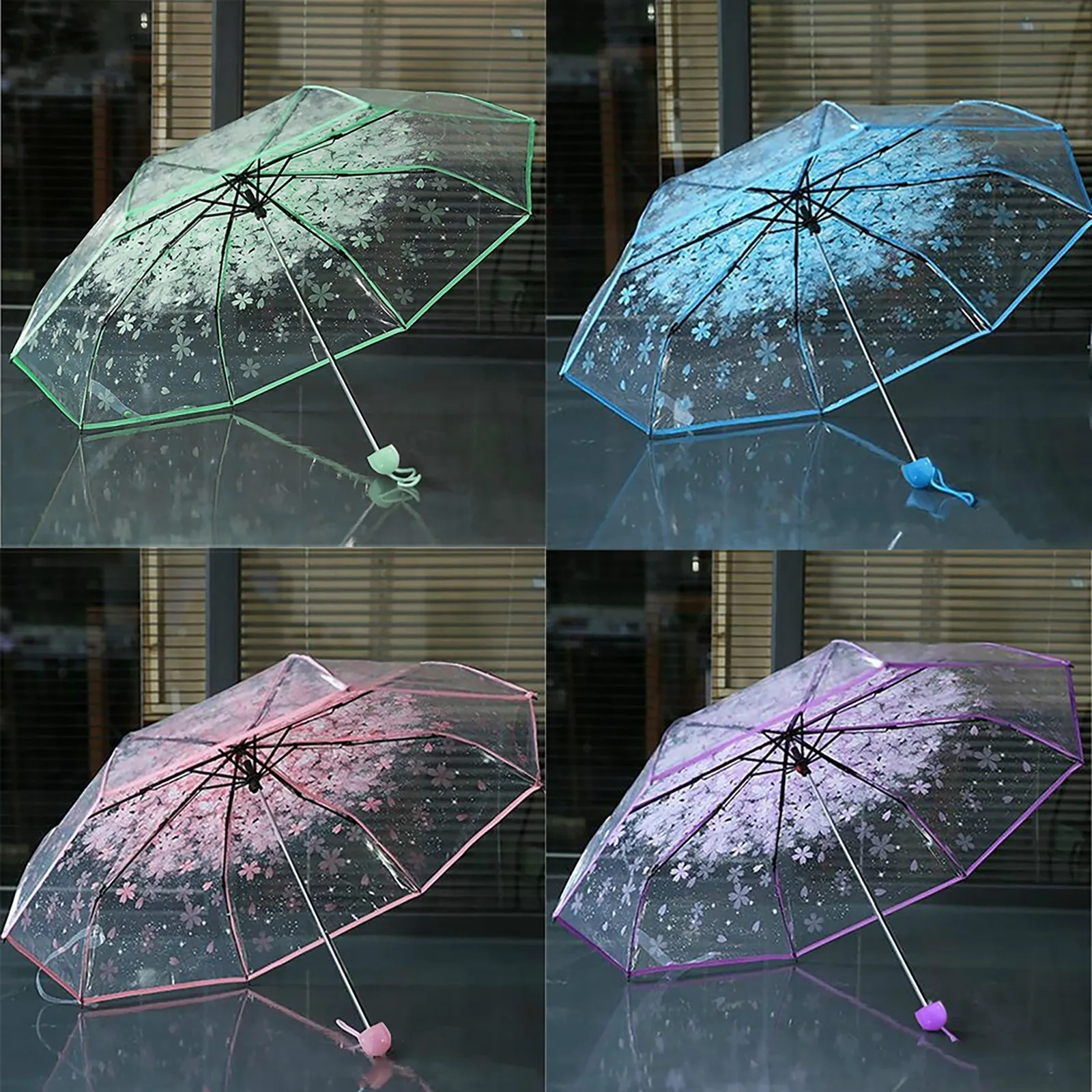 Three Fold Umbrella Women Transparent Clear Cherry Blossom Mushroom Sakura Folding Sunshade Rain Umbrella Folding Travel Umbrell