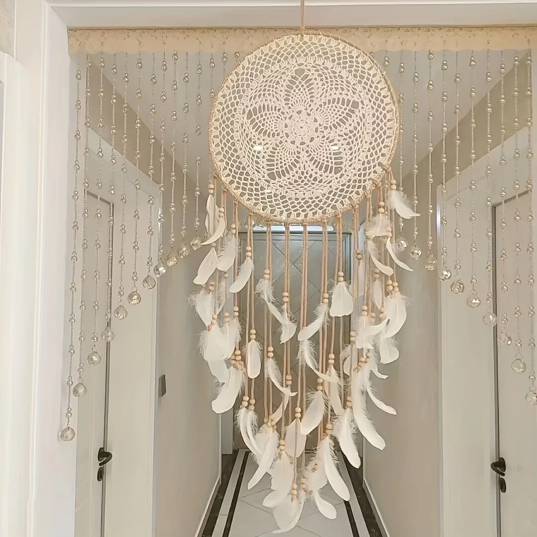 

Boho Chic Dreamcatcher with Golden Beads and White Feathers Polyester Fabric Perfect for Valentine Day Decor Indoor Outdoor Use