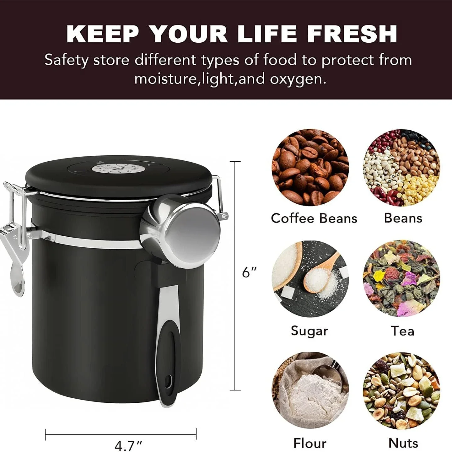 Coffee Canister Airtight 16OZ Coffee Container Stainless Steel Coffee Bean Storage Container with Scoop for Beans Black