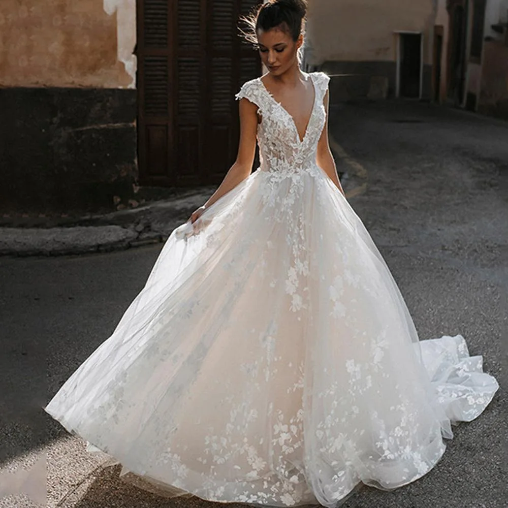 Sexy Open Back Vestidos De Novia Cap Sleeves Applique Vestido De Noiva Deep V-neck Wedding Dresses Customized