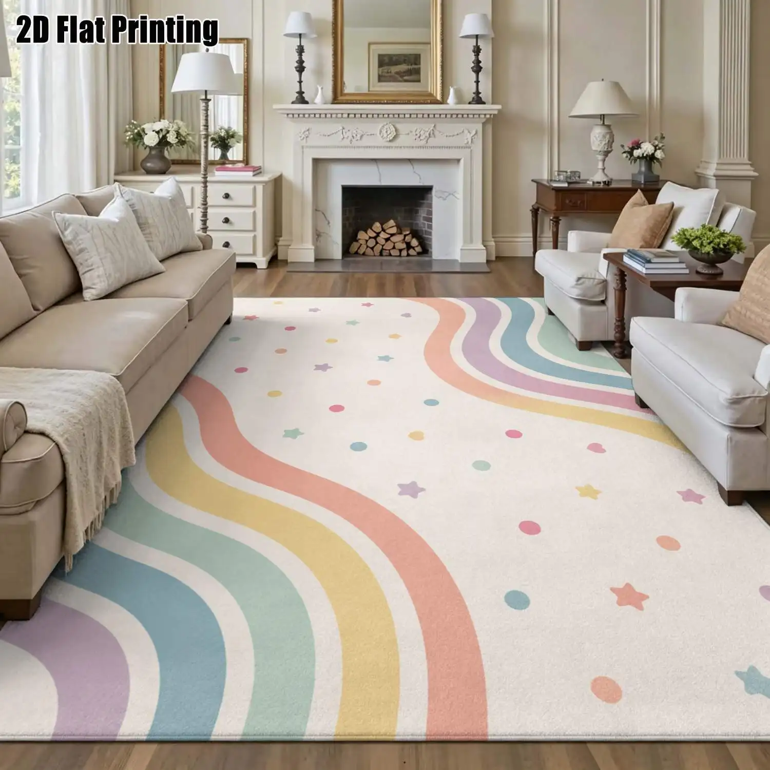 1Pc 2D Printed Macaron Rainbow Striped Star Dot Carpet: Nordic Instagram Modern Minimalist Geometric Floor Mat, Machine Washable, Multi-Size, Ideal for Home Decor, Entrance/Dining/Bedroom/Living Room