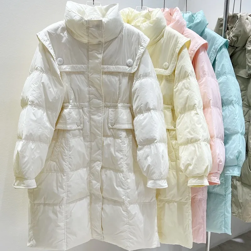 

Winter Hooded Down Long Jacket Women 90% White Duck Down Coat Casual Loose Pleating Parkes Snow Windbreak Warm Outwear