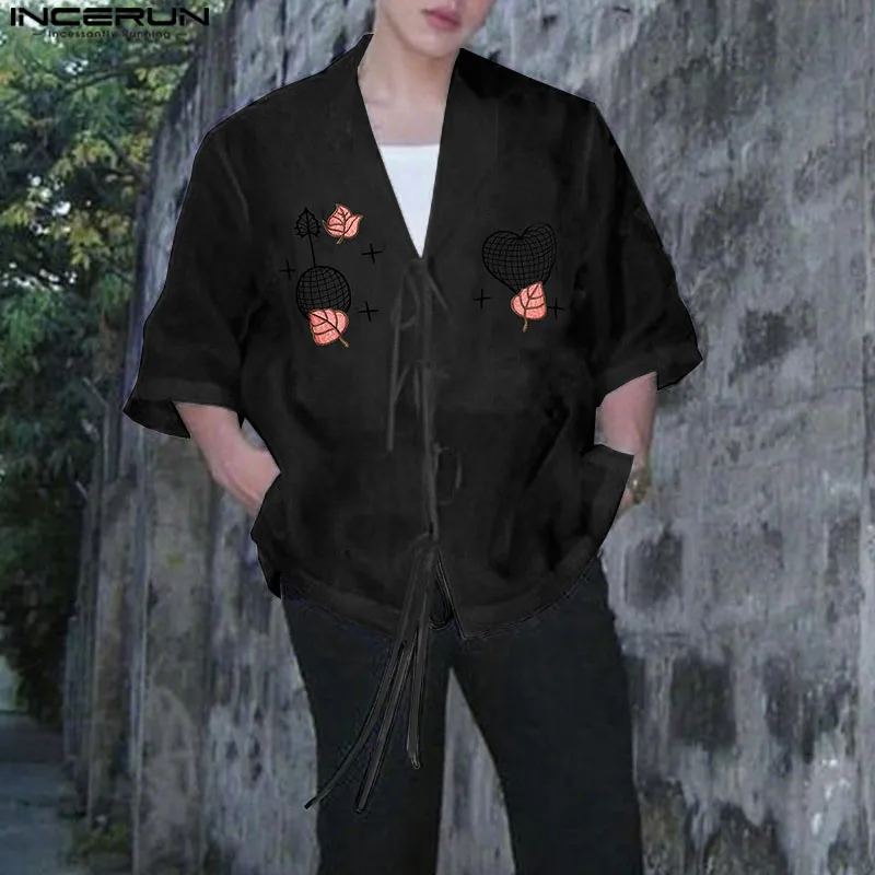 

INCERUN Мужская рубашка в сетку с вышитыми лацканами и коротким рукавом, свободная мужская одежда на шнуровке, прозрачная уличная одежда, модные мужские тонкие рубашки