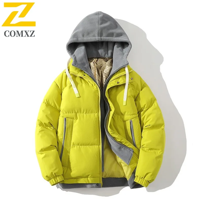 เสื้อแจ็คเก็ตบุผ้าฝ้ายแฟชั่นผู้ชายปี 2025 แบบสองชิ้นหลอกๆ สไตล์ลำลองสำหรับคู่รัก ใส่เที่ยวกลางแจ้ง อุ่นสบาย สไตล์ฮาราจูกุ เสื้อผ้าผู้ชาย