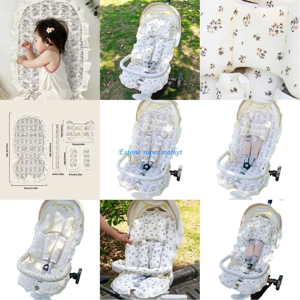 

090B 2/3/4 Piece Lace Trimmed Strollers Cushion Set with Pillow Machine Washable Cotton Sear Pad Fit Most Infant Carriages
